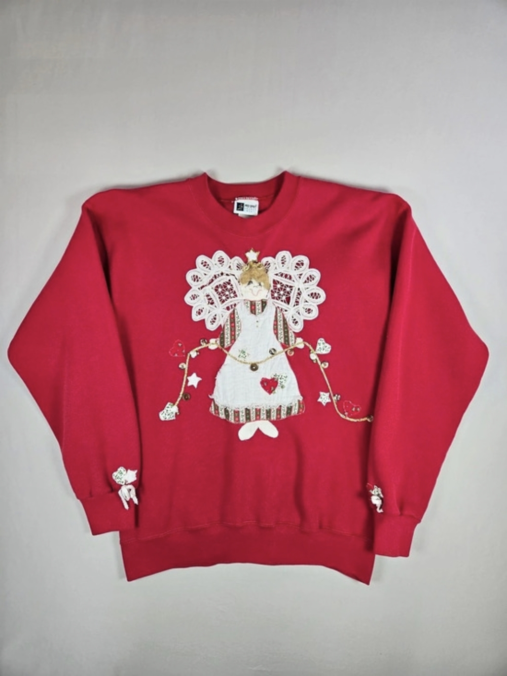 VTG 90s Pro Spirit Christmas Angel Lace Applique Sweatshirt USA Made Ugly L